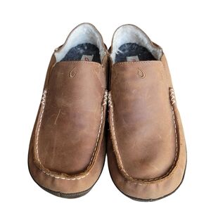 Olukai Men's 9 Brown Leather Slip-On Mocassin Moloa Slipper Sheep Lining Toffee